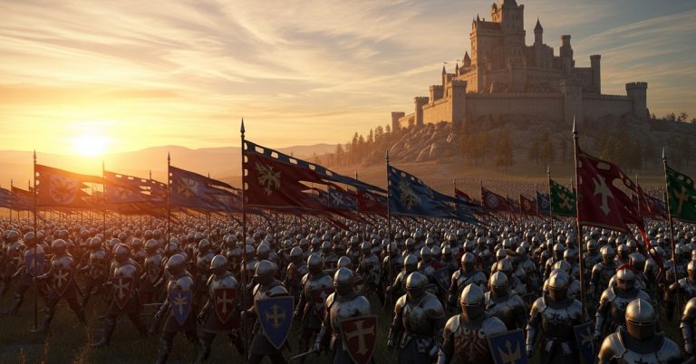 Rise of Kingdoms medieval army marching to castle at sunrise